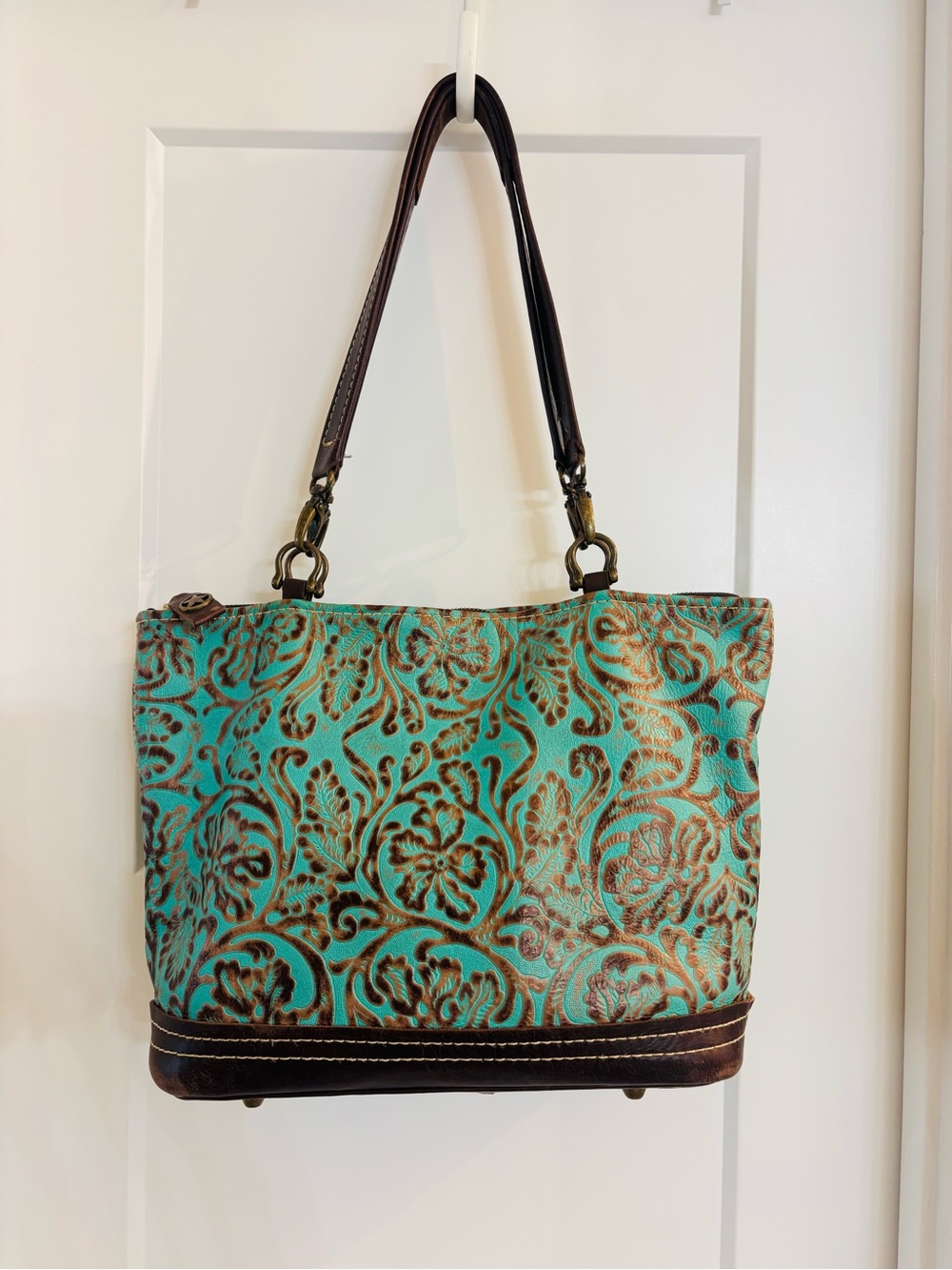 Original Texas Carpet Baggers Turquoise Real Leather Tote